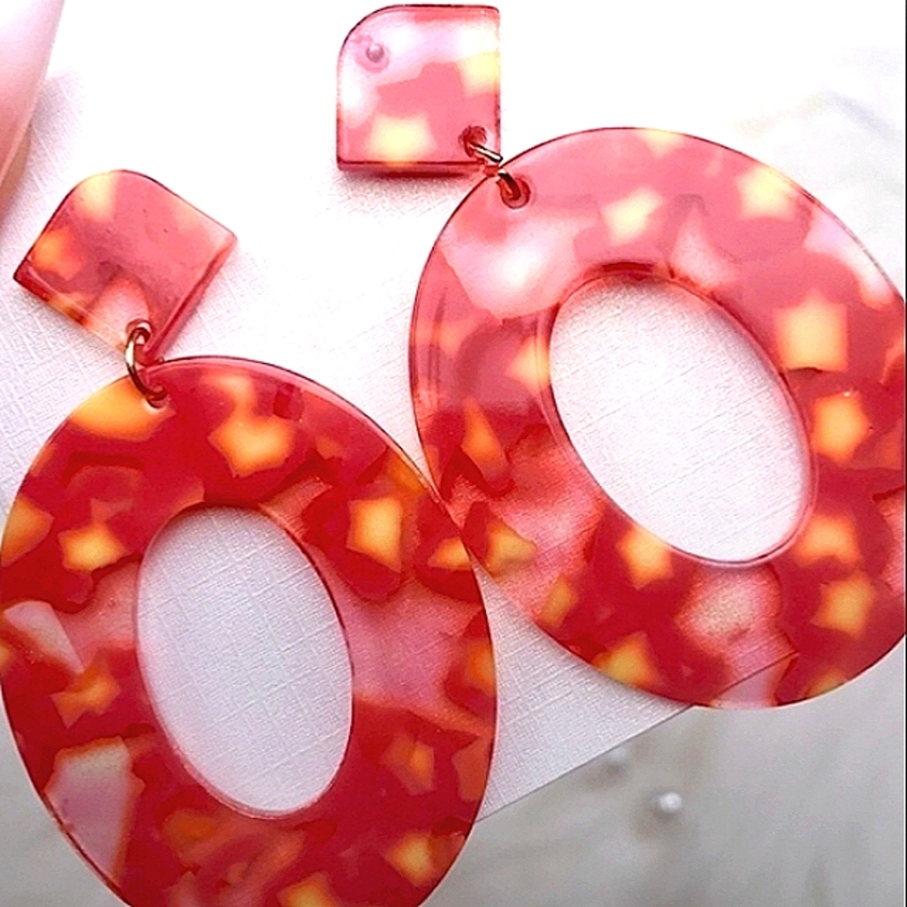 Red Earrings Round geometric mod casual earrings on hypoallergenic ss ear studs